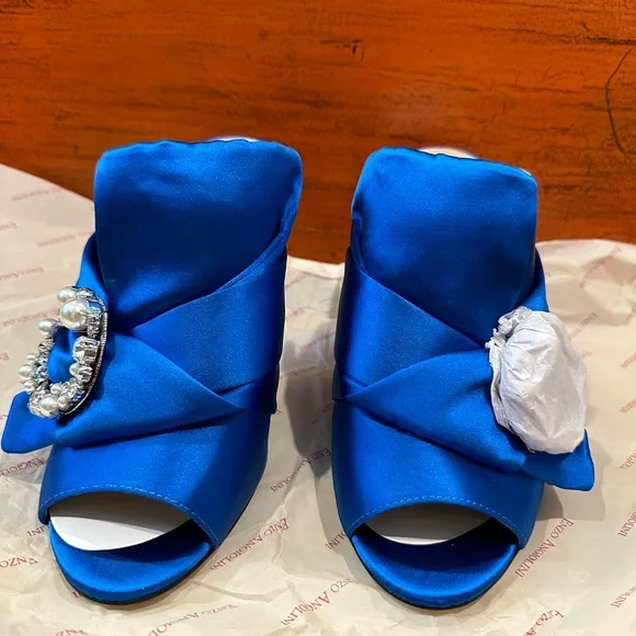 NEW Enzo Angioloni Blue Satin With Pearl & Crystal Open Toe Stiletto. - Picture 3 of 8
